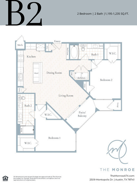 Floor plan for 2 beds, 2 baths, 1235 sqft